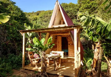 Nesta cabana de madeira os hóspedes dormem no meio de bananeiras